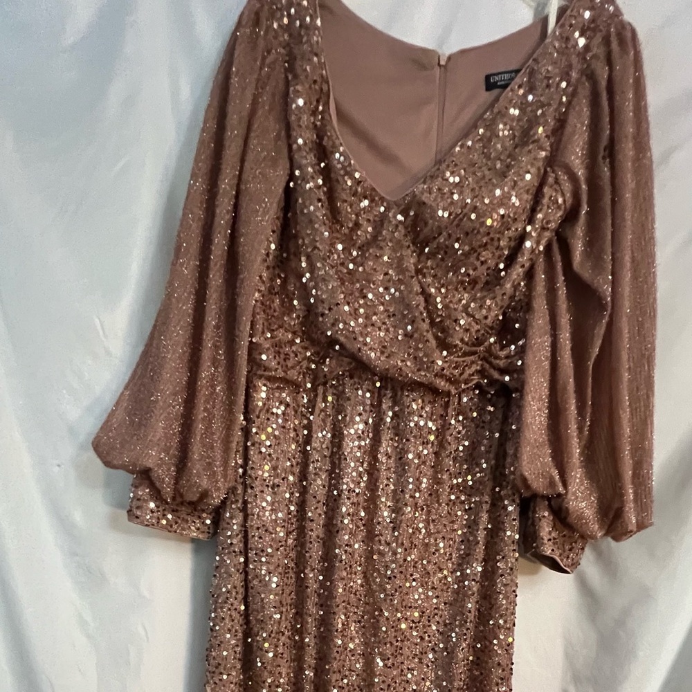 Brown and Gold V Neck Gown with Lantern Sleeves